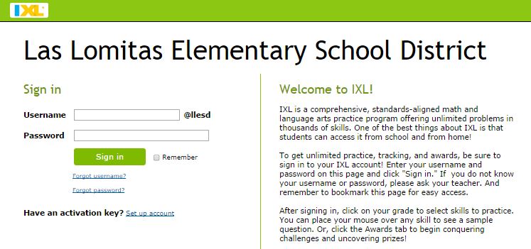 Ixl and LLESD sign in screen